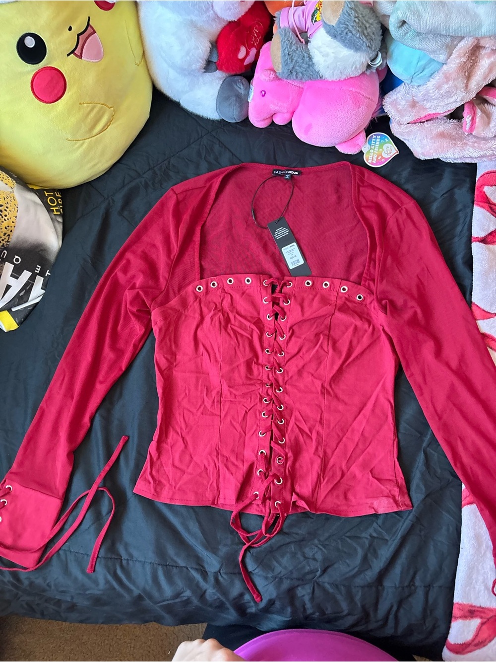 Fashion Nova Red Lace-Up Button Down Long Sleeve Top